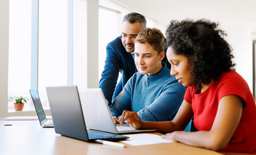 Professor assisting students on laptops
